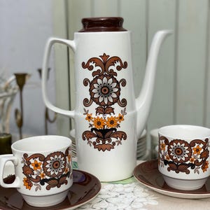 Juego de café Cassandra vintage de los años 70 / Tazas de cerámica con estampado floral retro, tetera