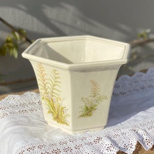May include: Cream-coloured, hexagonal ceramic planter with fern illustrations in green and yellow. The planter has a slightly flared shape and sits on a white lace-trimmed cloth. A decorative piece for indoor or outdoor plants.