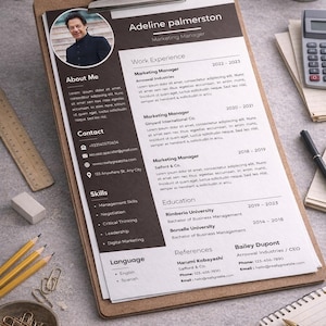 May include: A resume on a clipboard with a photo of a person. The resume includes work experience, education, skills, and contact information. Pencils, a calculator, and glasses are also on the surface.
