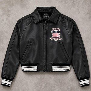 Chaqueta bomber de cuero, negra, corta, de auténtica piel de vaca con parche universitario de EE. UU.