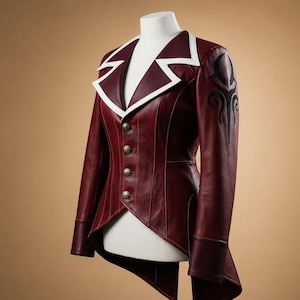 Chaqueta de cuero para cosplay de Alastor, abrigo de piel de vaca rojo con botones dorados.