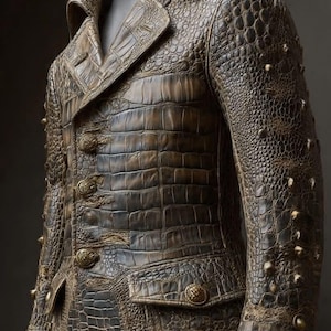 Könnte beinhalten: Brauner Ledercoat mit Krokodilleder-Textur. Der Mantel hat ein doppelreihiges Design mit dekorativen goldenen Knöpfen, einem Reverskragen und zwei Vordertaschen. Die Ärmel sind mit kleinen, goldfarbenen Nieten verziert.