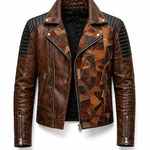 May include: Brown leather jacket with a patchwork design on the front. The jacket features black accents on the shoulders and a zipper closure. The sleeves have zippers at the cuffs.