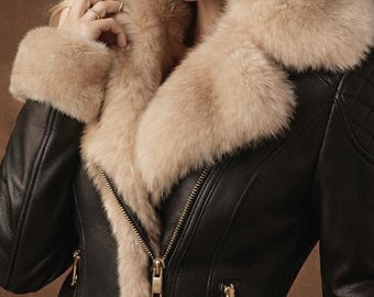 Women Leather Jacket, Genuine Sheep B3 Aviator with Shearling Collar