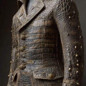 Mens Leather Blazer, Crocodile Embossed Cowhide Double-Breasted Gold Button Jacket