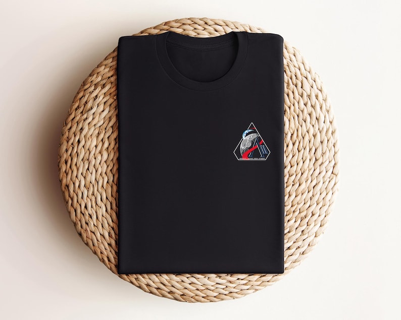 May include: Black crew neck t-shirt with a small, colorful graphic on the chest. The graphic is a geometric design with red, white, and blue elements. The shirt is folded neatly on a woven, circular surface.