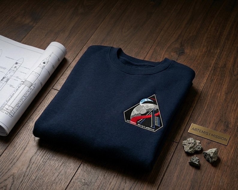 May include: Navy blue sweatshirt with an embroidered Artemis I mission patch. The patch features a stylized moon, rocket, and the text "Artemis I Mission". A blueprint and a small metal plaque are also visible.