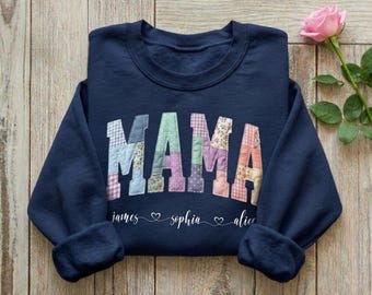 Personalized Mama Patchwork Sweatshirt, Custom Name Sweater, Mom Gift