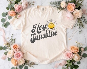 Camiseta Hey Sunshine Comfort Colors, camiseta retro con estampado de sol, ropa vintage con frases positivas, conjunto para un feliz verano, regalo para ella, ropa estética.