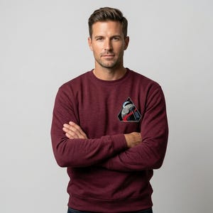 May include: Maroon crew neck sweatshirt with a triangular patch featuring a graphic design. The patch includes a black triangle with a white and red design. The sweatshirt is a solid color and has long sleeves.