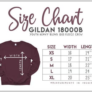 May include: A maroon youth heavy blend fleece crew sweatshirt with a size chart. The chart shows measurements in inches for sizes XS to XL. The text "Size Chart" is at the top.