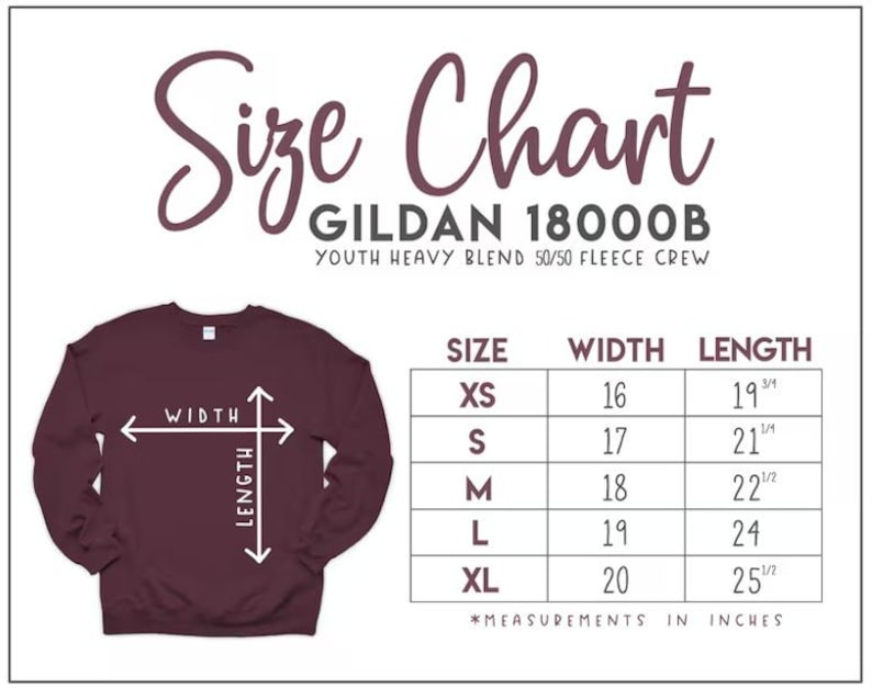 May include: A maroon youth heavy blend fleece crew sweatshirt with a size chart. The chart shows measurements in inches for sizes XS to XL. The text "Size Chart" is at the top.