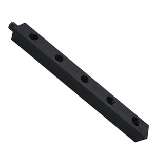 May include: A black, rectangular metal component with multiple threaded holes and a threaded end. The component is designed with a series of evenly spaced holes along its length, and is angled in the image.