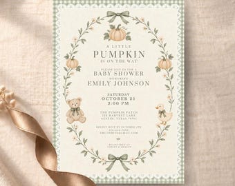 Sage Green Vintage Nursery Little Pumpkin Baby Shower Invitation | Gingham Fall Baby Shower Invite