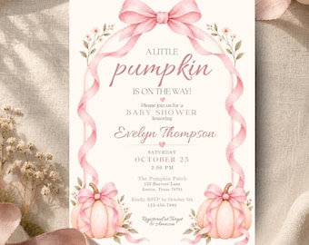 Coquette Baby Girl Invitation | A Little Pumpkin Is on the Way | Pink Bow Pumpkin Baby Shower | Editable Canva Template