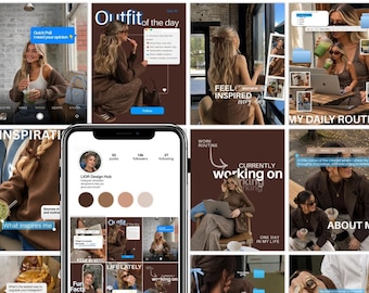 Pode incluir: Um smartphone exibindo uma grade de perfil do Instagram para LJOR Design Hub, apresentando uma coleção de imagens estéticas de estilo de vida em tons neutros de marrom, incluindo fotos de café, laptops e roupas com texto e ícones.
