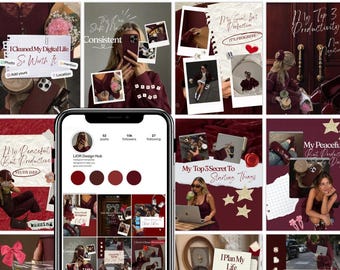 Burgundy Instagram Templates | 50 Hook Covers + 12 Carousel Templates | Content Creator Kit