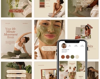 Pode incluir: Um smartphone exibindo uma grade de perfil do Instagram com uma coleção de modelos de redes sociais sobre bem-estar, com tons neutros, sobreposições de texto e imagens de comida saudável, yoga, cuidados e fitness.