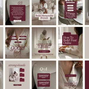 May include: A collection of fifteen social media templates featuring a neutral beige and deep burgundy color palette. The designs include various layouts with text overlays, minimalist graphic elements, and photographic imagery of professional lifestyle scenes.