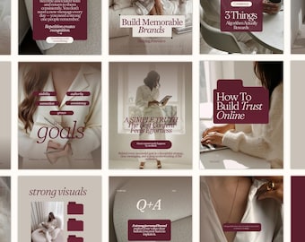 Pode incluir: Uma coleção de quinze modelos para redes sociais com uma paleta de cores bege neutro e bordô profundo. Os designs incluem vários layouts com sobreposições de texto, elementos gráficos minimalistas e imagens fotográficas de estilo de vida.