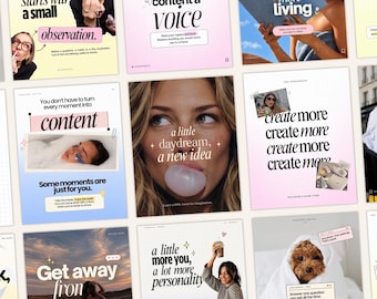 Pode incluir: Uma coleção de quinze modelos de postagens para redes sociais com diversas fotografias de estilo de vida, tipografia e elementos de design gráfico. A grade exibe layouts variados com sobreposições de texto, gradientes suaves e padrões de grade.