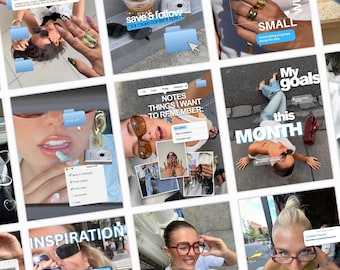 Pode incluir: Uma colagem digital de publicações em redes sociais com várias imagens de estilo de vida, incluindo close-ups de joias, café, câmeras e pessoas, sobrepostas com ícones de pastas azuis, caixas de texto e elementos de interface como cursores.