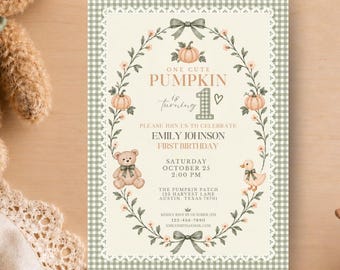 One Cute Pumpkin First Birthday Invitation | Sage Green Pumpkin 1st Birthday Invite | Editable Canva Fall Birthday Template