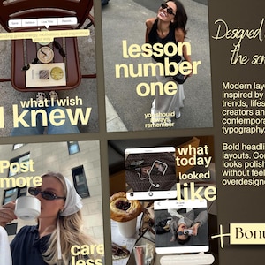 May include: A digital marketing template collection featuring a grid of social media posts with bold yellow typography, lifestyle photography, and text overlays including phrases like Designed to stop the scroll and what I wish I knew.