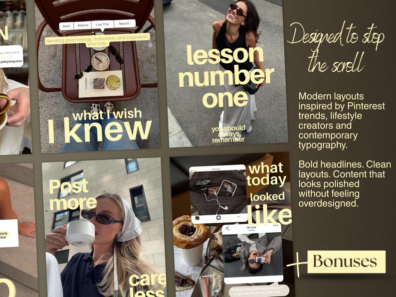 May include: A digital marketing template collection featuring a grid of social media posts with bold yellow typography, lifestyle photography, and text overlays including phrases like Designed to stop the scroll and what I wish I knew.