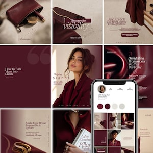 Pode incluir: Um layout de grade para redes sociais em tons de bordô profundo e creme. As imagens exibem uma bolsa de couro, um blazer, um smartphone mostrando um perfil do Instagram e sobreposições de texto como The secret to visibility e Storytelling.