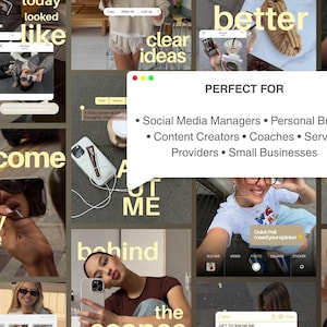 May include: A digital collage of social media templates featuring various lifestyle photographs, text overlays including 'welcome to my page' and 'behind the scenes', and a central white pop-up window listing target audiences like social media managers.