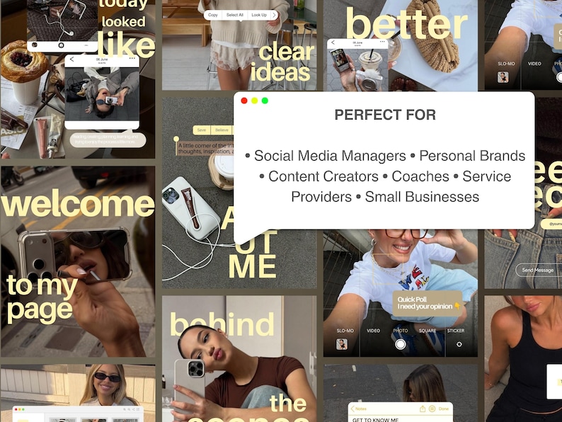 May include: A digital collage of social media templates featuring various lifestyle photographs, text overlays including 'welcome to my page' and 'behind the scenes', and a central white pop-up window listing target audiences like social media managers.
