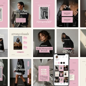 Könnte beinhalten: Eine Sammlung von fünfzehn digitalen Social-Media-Vorlagen in einer Farbpalette aus zartem Rosa und neutralen Tönen. Die Designs umfassen verschiedene Layouts mit Platzhaltertext, Fotorahmen und grafischen Elementen für die Inhaltsplanung.