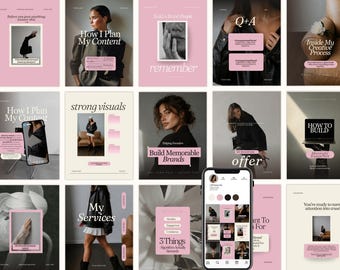 Pode incluir: Uma coleção de quinze modelos digitais para redes sociais com uma paleta de cores rosa suave e tons neutros. Os designs incluem vários layouts com texto de preenchimento, molduras para fotografias e elementos gráficos para planeamento.