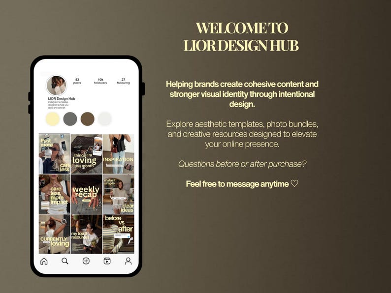 May include: A smartphone screen displaying the LIOR DESIGN HUB Instagram profile with a grid of nine post templates. Text reads: WELCOME TO LIOR DESIGN HUB, Helping brands create cohesive content, Explore aesthetic templates, and Feel free to message anytime.