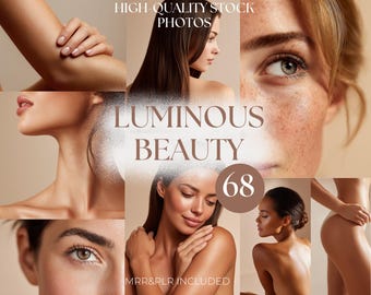 May include: A collection of high-quality stock photos titled LUMINOUS BEAUTY 68, featuring various close-up portraits of diverse skin tones, facial features, and body parts, including eyes, shoulders, and hair, all set against a neutral background.