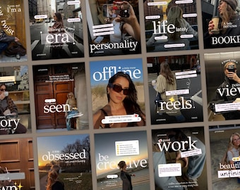 Pode incluir: Uma colagem digital de quinze modelos de publicações para redes sociais com várias cenas de fotografia de estilo de vida, incluindo ruas urbanas, praias e interiores, sobrepostas com legendas em branco e elementos de design gráfico.