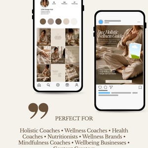 Pu&ograve; includere: Due smartphone che mostrano layout di profili e post sui social media con immagini dai toni neutri. Gli schermi mostrano testo tra cui Free Holistic Wellness Guide, Holistic Coaches, Wellness Coaches, Health Coaches e Nutritionists.