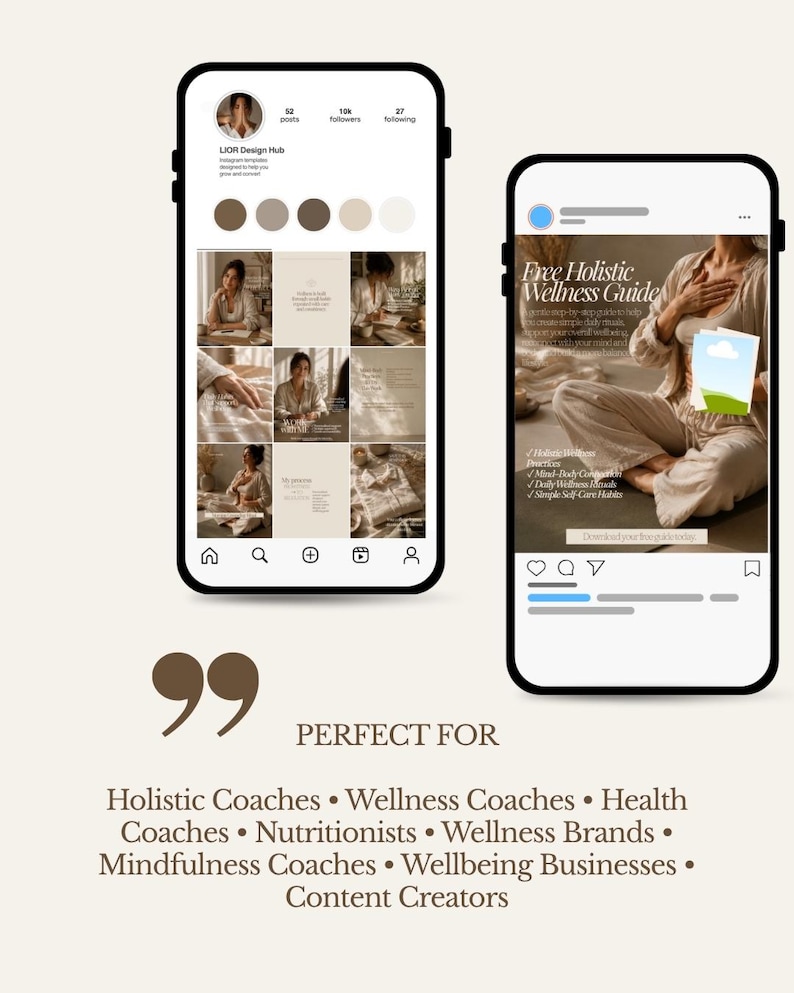 Pu&ograve; includere: Due smartphone che mostrano layout di profili e post sui social media con immagini dai toni neutri. Gli schermi mostrano testo tra cui Free Holistic Wellness Guide, Holistic Coaches, Wellness Coaches, Health Coaches e Nutritionists.