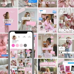 Könnte beinhalten: Ein Smartphone zeigt ein Instagram-Profilraster mit dem Titel LIOR Design Hub, das eine Sammlung von Social-Media-Vorlagen in Rosatönen, Lifestyle-Fotografie und digitale Schnittstellenelemente wie Ordner enthält.