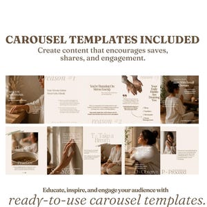 Pu&ograve; includere: Una collezione digitale di modelli di carosello per social media con layout nei toni del beige e del bianco. Il testo include CAROUSEL TEMPLATES INCLUDED, Create content that encourages saves, shares, and engagement, e ready-to-use carousel templates.
