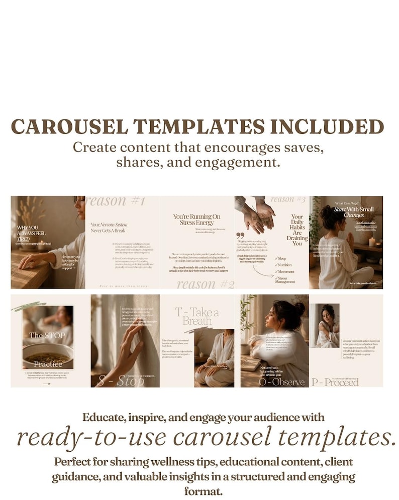 Pu&ograve; includere: Una collezione digitale di modelli di carosello per social media con layout nei toni del beige e del bianco. Il testo include CAROUSEL TEMPLATES INCLUDED, Create content that encourages saves, shares, and engagement, e ready-to-use carousel templates.
