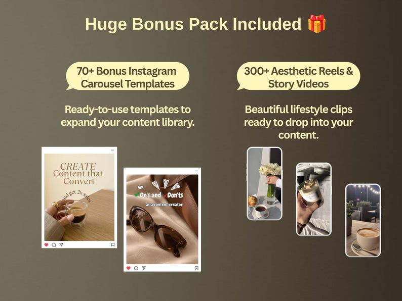 May include: A digital content creation bundle featuring 70+ Instagram carousel templates and 300+ aesthetic reels and story videos. The graphic displays text including Huge Bonus Pack Included, 70+ Bonus Instagram Carousel Templates, and 300+ Aesthetic Reels & Story Videos, alongside preview images of social media posts.