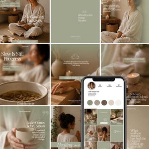 Könnte beinhalten: Ein digitales Social-Media-Rasterlayout mit einer Reihe von Instagram-Vorlagen in gedeckten Salbeigrün- und Beigetönen. Das Design umfasst Textüberlagerungen, minimalistische Typografie und Bilder einer Person in Loungewear.