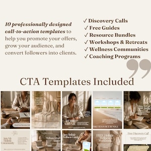 Pu&ograve; includere: Un grafico digitale che presenta 10 modelli di call-to-action progettati professionalmente per promuovere offerte e convertire i follower. Il testo elenca Discovery Calls, Free Guides, Resource Bundles, Workshops, Retreats, Wellness Communities e Coaching Programs.