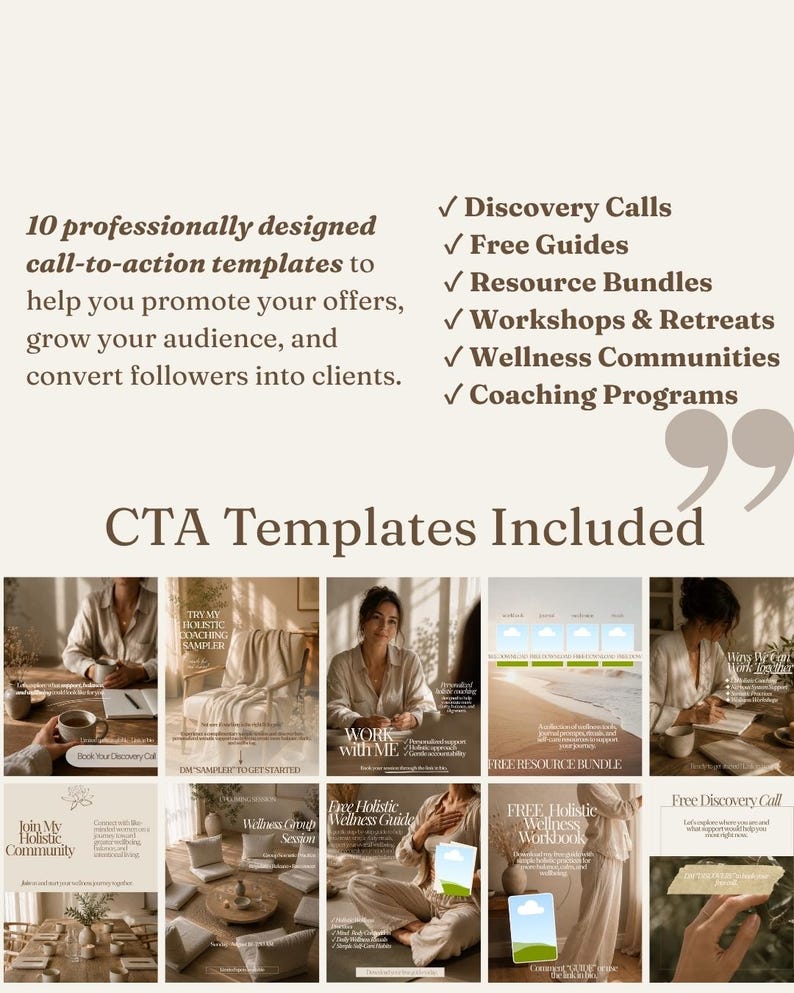 Pu&ograve; includere: Un grafico digitale che presenta 10 modelli di call-to-action progettati professionalmente per promuovere offerte e convertire i follower. Il testo elenca Discovery Calls, Free Guides, Resource Bundles, Workshops, Retreats, Wellness Communities e Coaching Programs.