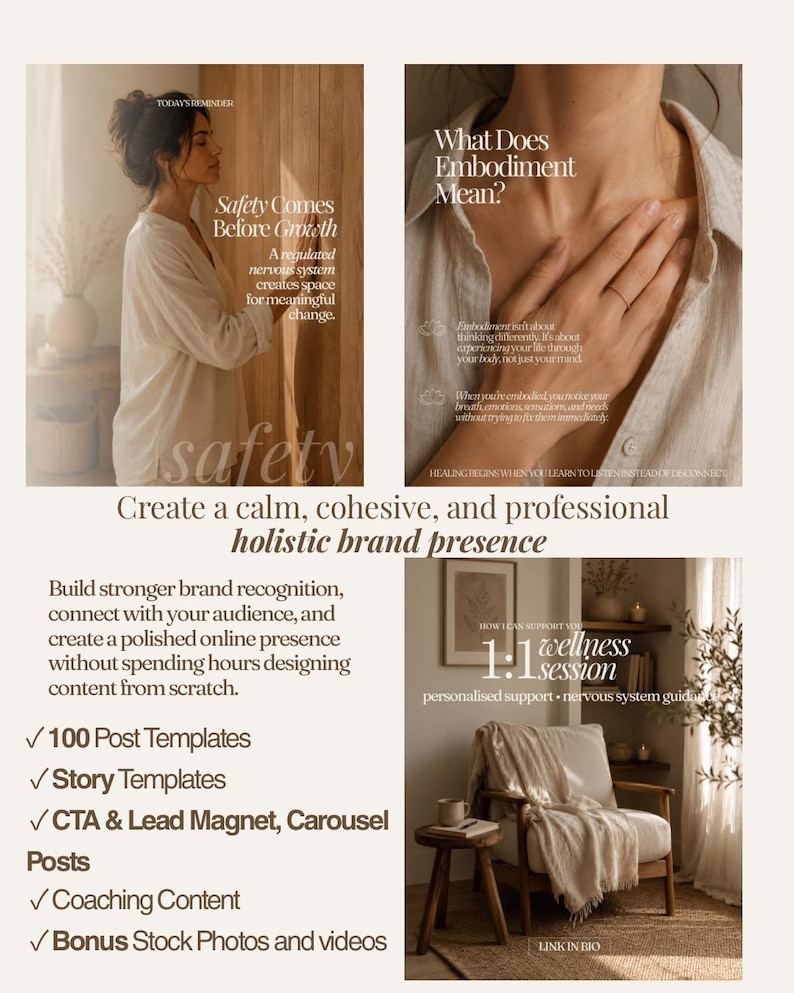 Pu&ograve; includere: Un set di modelli di marketing digitale per professionisti del benessere con sovrapposizioni di testo come Safety Comes Before Growth, What Does Embodiment Mean e 1:1 wellness session. Le grafiche includono una persona e una sedia.
