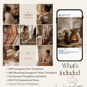 Pu&ograve; includere: Una collezione digitale di 100 modelli per post Instagram, 100 modelli per storie abbinati, 10 modelli per caroselli, 10 post promozionali, anteprime di layout e una pagina moodboard, completamente modificabili tramite Canva.