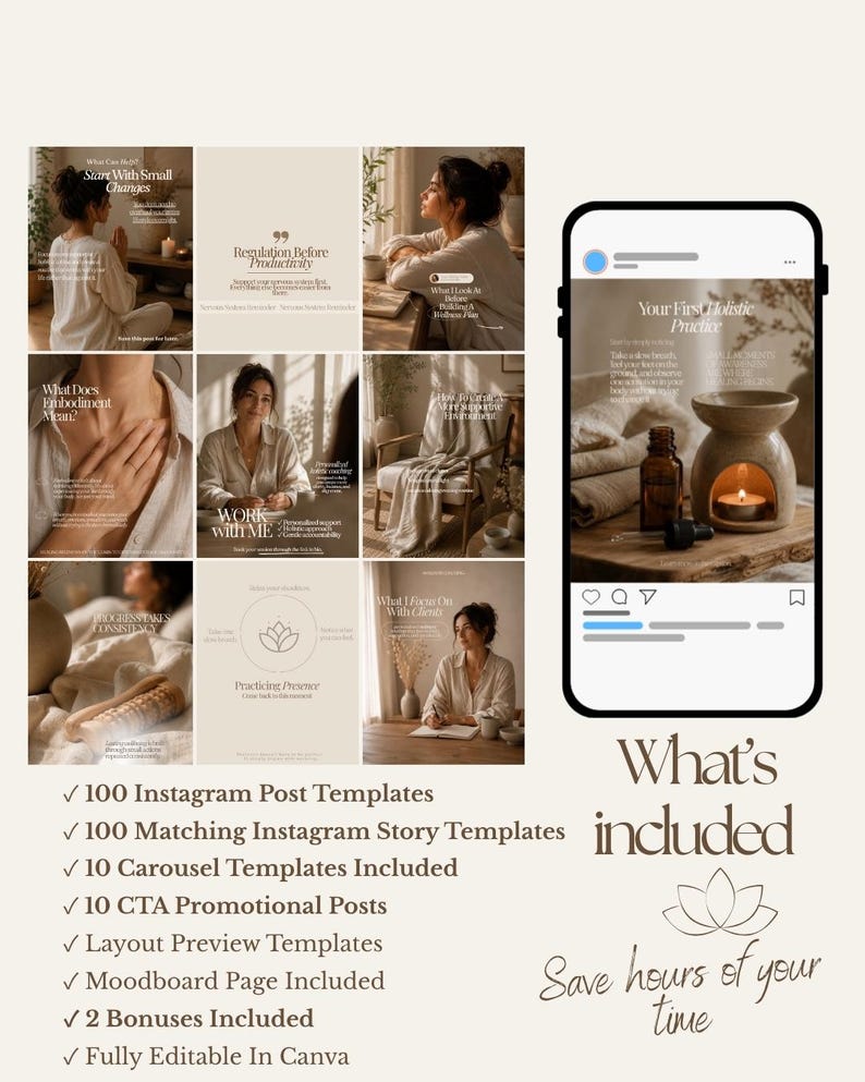 Pu&ograve; includere: Una collezione digitale di 100 modelli per post Instagram, 100 modelli per storie abbinati, 10 modelli per caroselli, 10 post promozionali, anteprime di layout e una pagina moodboard, completamente modificabili tramite Canva.