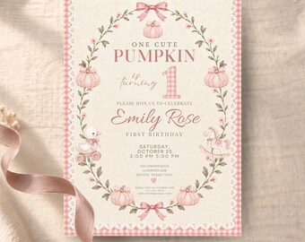 One Cute Pumpkin First Birthday Invitation, Pink Gingham Girl Birthday Invite, Editable Canva Template, Fall 1st Birthday